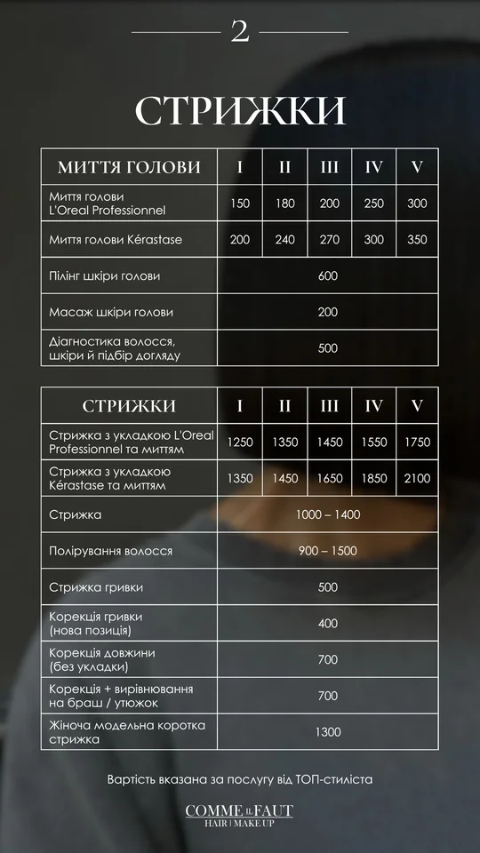 Прайс COMME il FAUT, слайд 2: Миття голови й стрижки